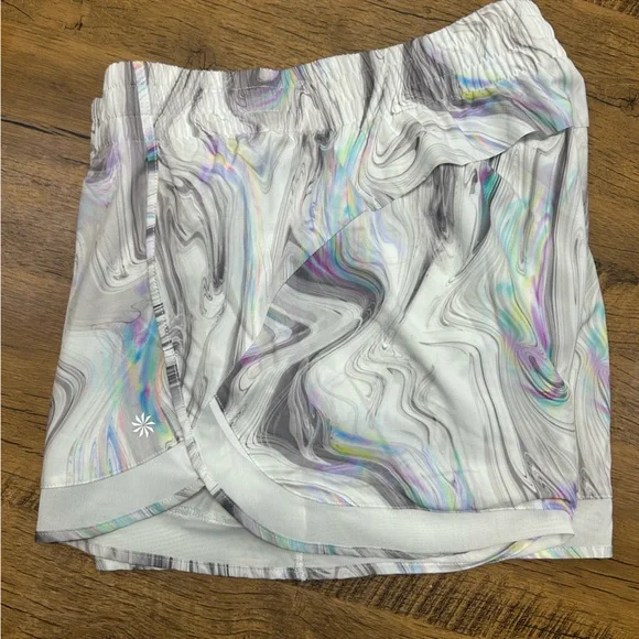 Athleta Mesh Racer Run Short in the "Iridescent Marble Glitch Rainbow" M - Picture 15 of 15